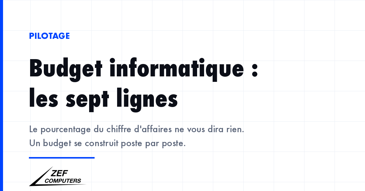 Un budget informatique de PME se construit poste par poste — matériel, licences, connectivité, sauvegarde, sécurité, support — plutôt qu'en pourcentage du chiffre d'affaires